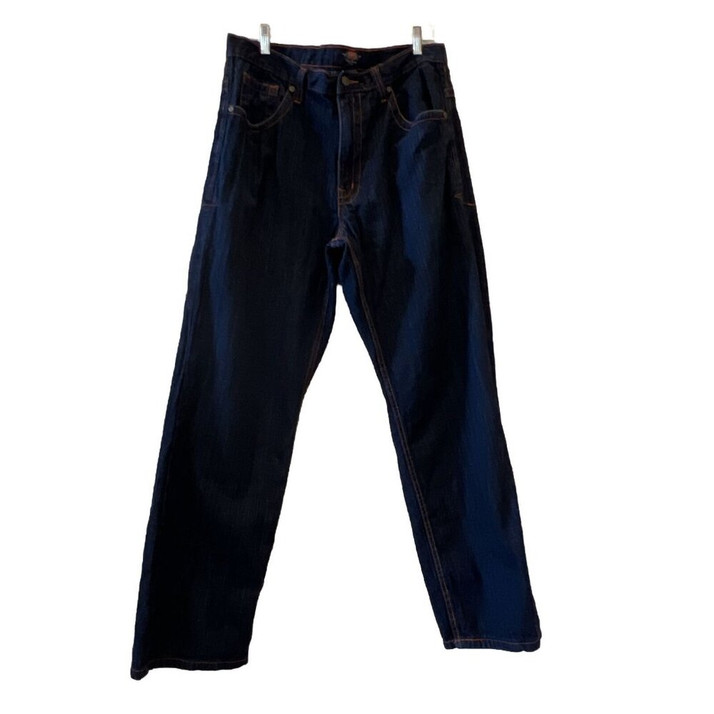 Corked Men's Jeans 36X32 Y2K Dk Blue Embroidered Pockets  Straight Leg Denim